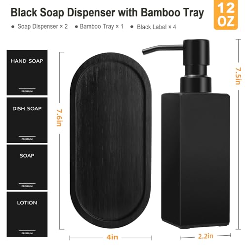 GMISUN Kitchen Soap Dispenser Set, Hand and Dish Soap Dispensers Set, Black Liquid Soap Dispenser with Tray, Refillable Dish Dispensers for Kitchen, Glass Soap Bottles with Stainless Steel Pump - color: Black Bottle + Black Pump + Black Tray