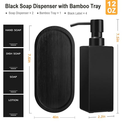 GMISUN Kitchen Soap Dispenser Set, Hand and Dish Soap Dispensers Set, Black Liquid Soap Dispenser with Tray, Refillable Dish Dispensers for Kitchen, Glass Soap Bottles with Stainless Steel Pump - color: Black Bottle + Black Pump + Black Tray