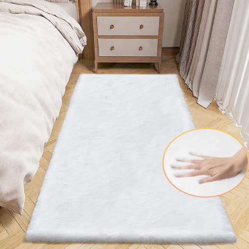 ORINOVA White Washable Furry Area Rug Runner Faux Bunny Fuzzy Fur Rugs for Bedroom Living Room 2x6 Rug Runners for Hallways Room Décor - color: White, size: 2' x 6' (Rectangular)