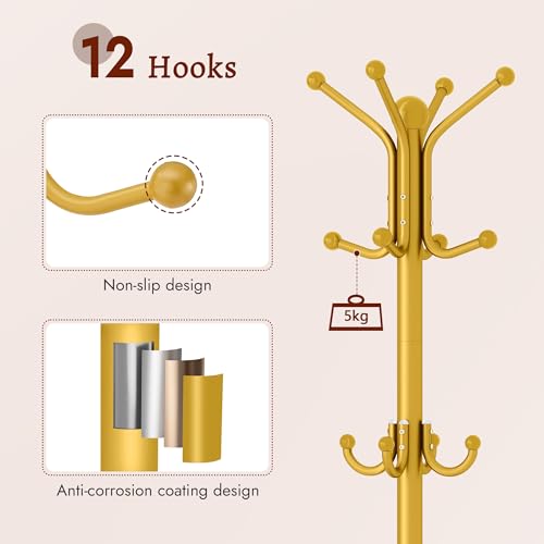 FAVOOSTY Coat Rack Freestanding,Coat Rack Stand with Umbrella Holder,Metal Coat Tree with 12 Hooks,Tree Clothes Hat for Entryway, Hallway, Bedroom, Living Room & Office -Glod - color: Gold