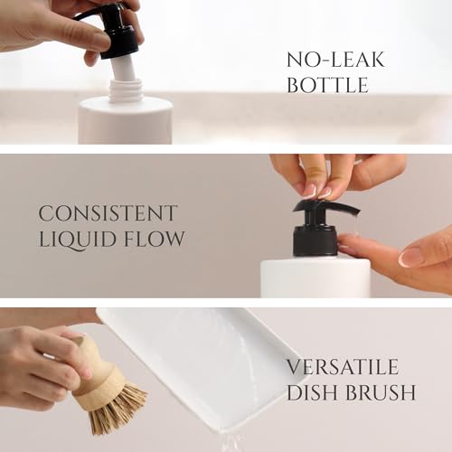 FINESSY White Bathroom and Kitchen Soap Dispenser Set with Tray and Brush | BPA Free Plastic Hand Soap Dispenser Set Of 2 Bottles, 500ml Each With Brush & Ceremic Holder on A Marble-Look Resin Tray - color: Minimalist White