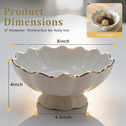 White Small Decorative Bowl 8 Inch Ceramic Key & Fruit Bowl Ruffle Lotus Shape with Gold Rim Candy Bowl, Multi-Use Centerpiece Pedestal Bowls for Kitchen Counter, Coffee Table, Entryway, Wedding