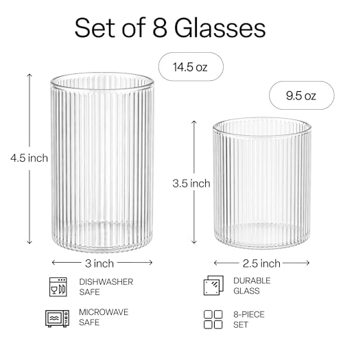 MIAMIO - Drinking Glasses Set of 8 / Water Glasses (9.5 oz) - Senita | Glass drinkware for water, juice, matcha and cocktails, drinking glass set for everyday use at home - dishwasher safe