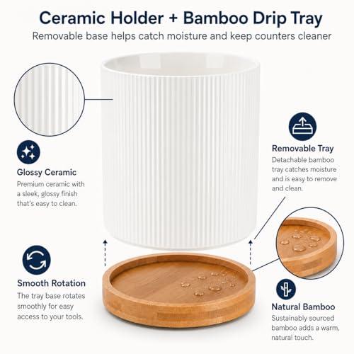 360 Rotating Cooking Utensil Holder,Kitchen Utensil Holder for Countertop | Utensil Crock for Kitchen Counter with Rotatable Wooden Base,Ideal Gifts for Housewarming Home Chefs and Cooking - color: white