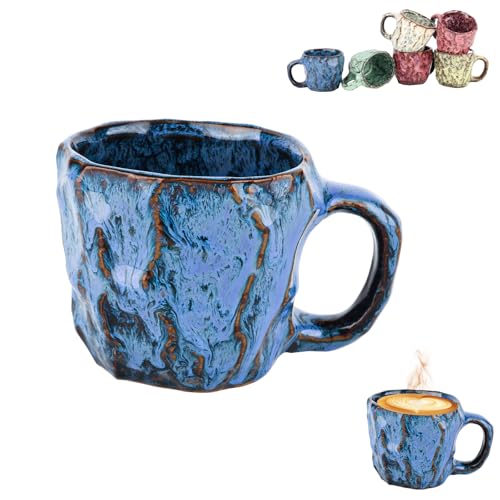 DorkTees 9oz Handmade Reactive Glaze Stoneware Coffee Mug (Blue) | Handmade reactive glaze stoneware; rustic textured high-fired ceramic. ideal gift choice for coffee lovers daily use - color: Blue