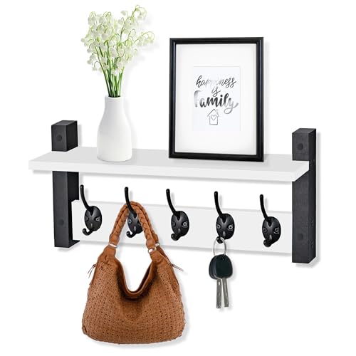Sorbus Coat Hooks Wall Mount with Shelf – 16 Inch Coat Rack Wall Mount with 5 Heavy Duty Hooks – Floating Wall Shelf with Hooks for Entryway, Bathroom, Bedroom, Kitchen, or Mudroom (White) - color: White, size: 16 Inch