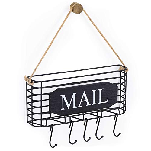 SRIWATANA Rustic Mail Organizer Wall Mount, 5 Key Hooks, Small Size, Black | Mail Holder Key Holder for Wall, Hanging Mail Sorter, Letter Basket for Receipts Bills Envelopes, Home & Office Organizer - color: Black, size: Small