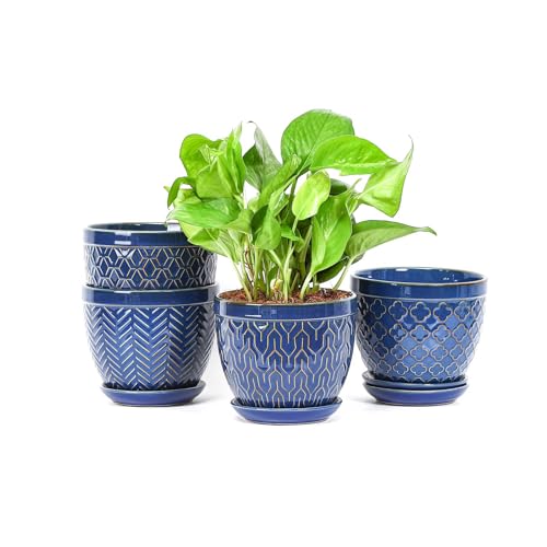 Sureasy Ceramic Indoor Plant Pots - 5.6 Inch Flower Pots for Plants with Drainage Hole and Saucer, Embossed Planter for Succulents, Orchid, Cactus, Indoor Home Decor, Set of 4, Blue - color: Blue, size: 5.6 inch