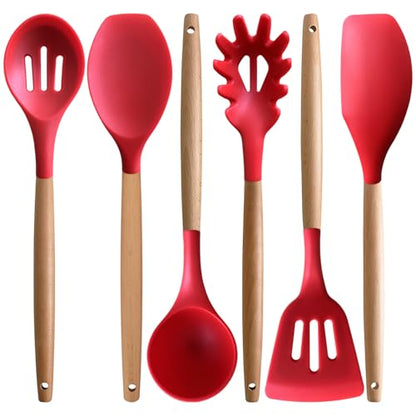 Kitchen Cooking Utensils Set 6Pcs Heat Resistant Silicone Kitchen Utensils Spatula Spoon Turner Ladle w Wooden Handle, BPA FREE Silicone Cooking Tool Gadget Set for Nonstick Cookware & Baking - color: Red, size: Standard 6-Piece Set