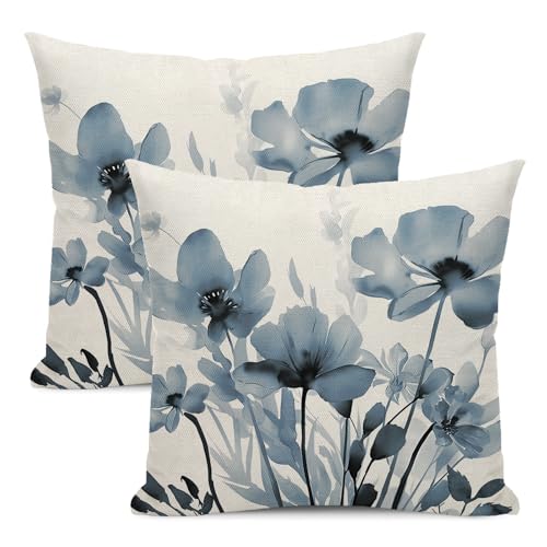 Spring Floral Pillow Covers 18x18 Inches Set of 2,Blue Floral Throw Pillow Covers Outdoor Summer Flower Decoration Pillowcase Farmhouse Decorative Square Cushion Cover For Couch Sofa Home Decor - color: Blue Flower-4, size: 18" x 18" (Pack of 2)