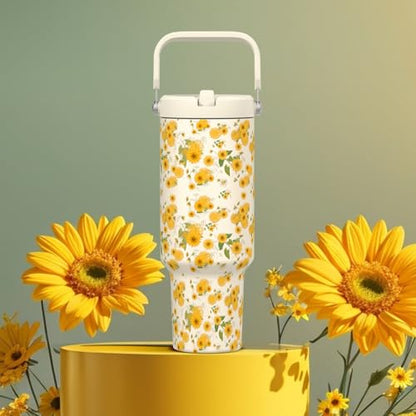 40 oz Insulated Tumbler with Top Handle and Flip Straw | Vacuum Insulated Stainless Steel Cup with Leak-Proof Lid, Sweat-Free, Fits Cup Holder, Keeps Ice Cold up to 30 Hours - color: Sunflower, size: 40 Ounces