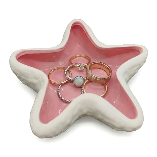 Starfish Jewelry Dish Ceramic Trinket Tray - Ocean Themed Ring Holder for Earrings, Necklaces, Beach & Bathroom Organizer with Glossy Glaze, Coastal Room Decor Gift for Women，Pink - color: Pink
