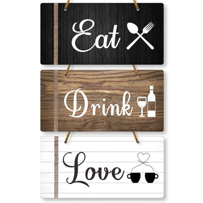 3 Pcs Kitchen Wall Sign Decor Rustic Kitchen Sign Eat Drink Love Kitchen Decor Home Kitchen Sign Hanging Dining Room Signs Kitchen Sign for Kitchen Door Counter Wall Farmhouse Kitchen Decor