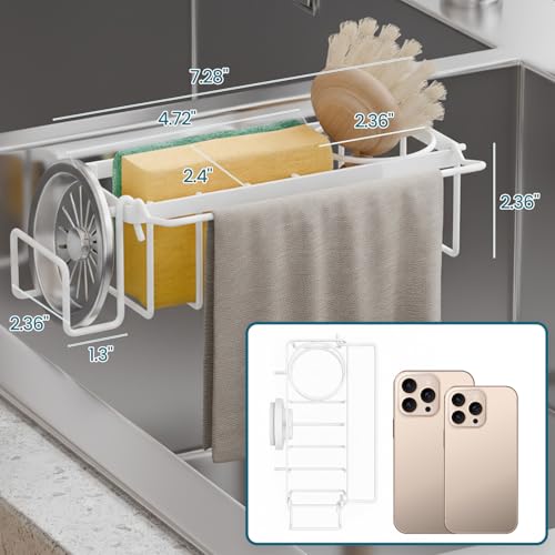 TAILI 4-in-1 Sponge Holder for Kitchen Sink with Strong Suction Cup-White | Removable Rustproof 304 Stainless Steel Multi-compartment Sponge Holder with Suction Cup, Keeps Brushes & Scrubbers Tidy - color: White, size: 7.28" x 2.36"