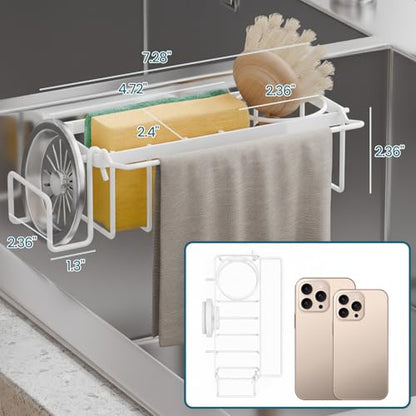 TAILI 4-in-1 Sponge Holder for Kitchen Sink with Strong Suction Cup-White | Removable Rustproof 304 Stainless Steel Multi-compartment Sponge Holder with Suction Cup, Keeps Brushes & Scrubbers Tidy - color: White, size: 7.28" x 2.36"