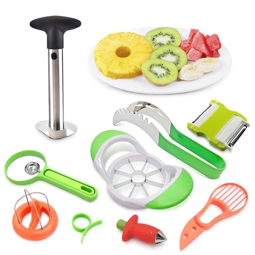 9 Pcs Fruit Slicer Set – Pineapple Corer and Slicer, Watermelon Cutter, Strawberry Huller, Apple Cutter, Avocado, Kiwi Tool and More – Stainless Steel Fruit Cutting Tools for Summer Parties and BBQs