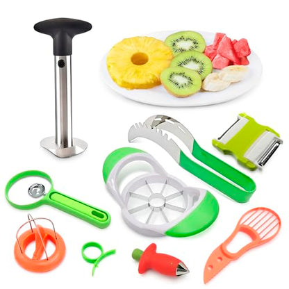 9 Pcs Fruit Slicer Set – Pineapple Corer and Slicer, Watermelon Cutter, Strawberry Huller, Apple Cutter, Avocado, Kiwi Tool and More – Stainless Steel Fruit Cutting Tools for Summer Parties and BBQs