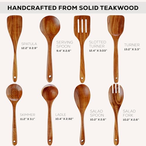 Zulay Kitchen Premium 8-Piece Wooden Spoons - Smooth Finish, Natural Teak Wood, Non-Stick, Handmade - size: 8 Piece
