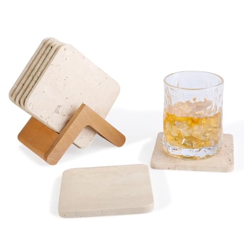 Travertine Coasters Set of 5, Square Coasters with Holder for Drinks, 4" Cup Coaster for Coffee Table Home Office Bar Decor, Heat Resistant Natural Stone Drink Coaster(Beige) - color: Beige