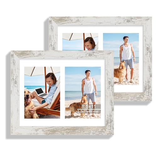 Hongkee 8.5x11 Picture Frame Set of 2, Distressed White Certificate Document Frames with Glass Collage Frame, Display Pictures Two 5x7 With Mat or 8.5 x 11 Without Mat, Photo Frames Wall Gallery - color: Distressed White, size: 8.5x11 in matted to 2-5x7