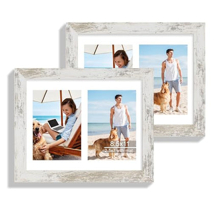 Hongkee 8.5x11 Picture Frame Set of 2, Distressed White Certificate Document Frames with Glass Collage Frame, Display Pictures Two 5x7 With Mat or 8.5 x 11 Without Mat, Photo Frames Wall Gallery - color: Distressed White, size: 8.5x11 in matted to 2-5x7