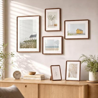 Acovy 5x7in Picture Frame, Natural Solid Walnut | Handcrafted Wooden, Dual Use Tabletop & Wall Mount, Matted to Fit 4"x6" Photos, HD Tempered Glass - color: Walnut, size: 5x7in