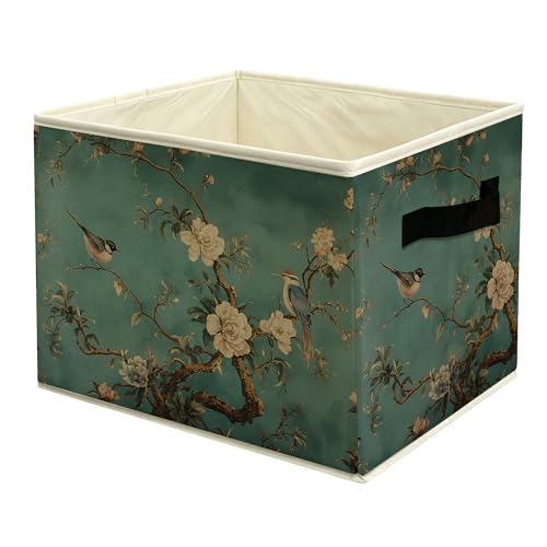 Vintage Chinoiserie Teal Floral Bird Storage Basket Bin with Handles, Oriental Dark Cottagecore Peony Blossom Botanical Collapsible Fabric Storage Organizer for Shelves Closet Clothes Toys - color: colour 11