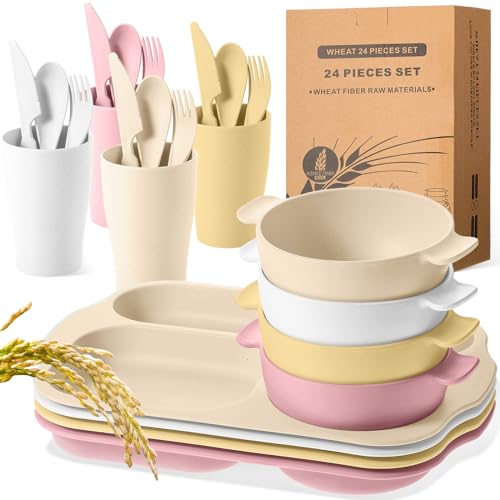 Honoson 24 Pcs Wheat Straw Dinnerware Cutlery Set, Service for 4, Unbreakable Plates and Bowls Set - Divided Plates, Bowls, Spoons, Forks & Knives, Microwave & Dishwasher Safe(Light Color) - color: Light Color