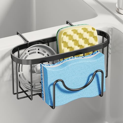 SWTYMIKI Sponge Holder for Kitchen Sink - Movable Kitchen Sink Caddy with M Shape Hook, Stainless Steel Hanging Sponges Caddy Organizer in Double Bowl Sinks Depth>3.15in, Middle Divider<1.5in, Black - color: Black-regular