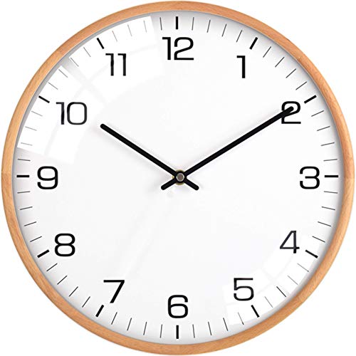 Driini Analog Dome Glass Wall Clock (12") - Wood Frame with White, Modern Face - Battery Operated with Non Ticking Hands - Large Decorative Clocks for Classroom, Office, Living Room, or Bedrooms. - color: White