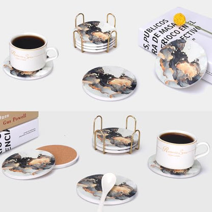 6 Pcs Black Marble Abstract Ceramic Coasters with Holder Best Round Drink Absorbent Coaster for Desk, Lounge, Coffee Table, Wine, Beverage, Bar Coasters Set - color: Black