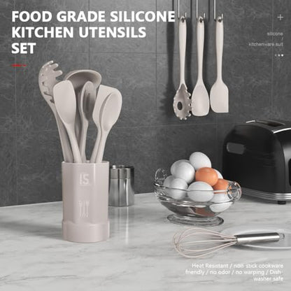 AOTHOD Silicone Cooking Utensils Set - 446°F Heat Resistant Kitchen Utensils,Turner Tongs,Spatula,Spoon,Brush,Whisk,Kitchen Utensil Gadgets Tools Set for Nonstick Cookware,Dishwasher Safe (BPA Free) - color: Khaki