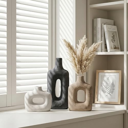 DREAMLOOM Ceramic Vase Set of 3, Black | Square Cutout, Farmhouse Rustic, Wabi-Sabi, Home Decor, Living Room Bedroom Kitchen Shelf Centerpiece - color: Antique Black Combo - Hollow Design