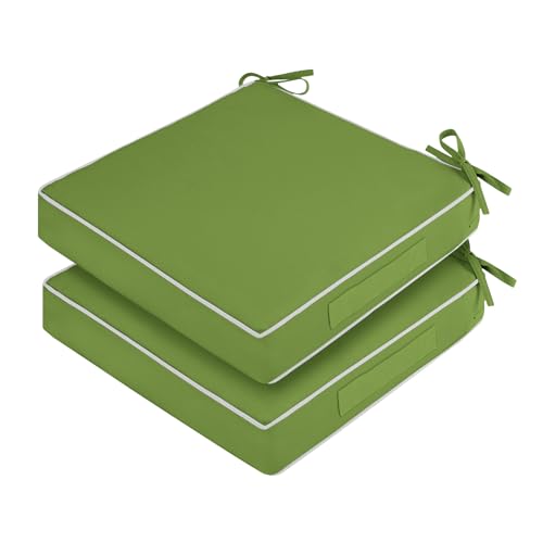 Waterproof Outdoor Chair Cushions Set of 2, Square Outdoor Seat Cushions with Ties and Removable Covers, 19 x 19 Outdoor Cushions for Patio Furniture with Portable Handle(Grass Green/White) - color: Grass Green/White Piping, size: 19x19x3