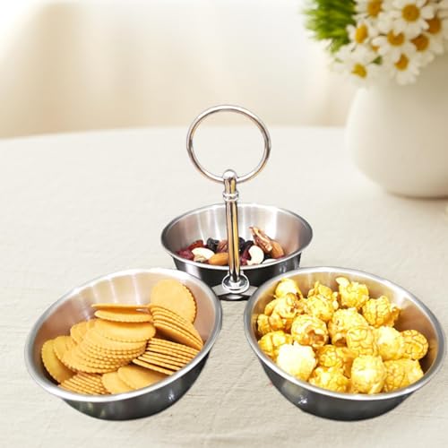 Snack Serving Bowl, 3 Compartment Stainless Steel Snack Stand with Bowls, Divided Serving Tray for Candy Dessert Snacks, Silver