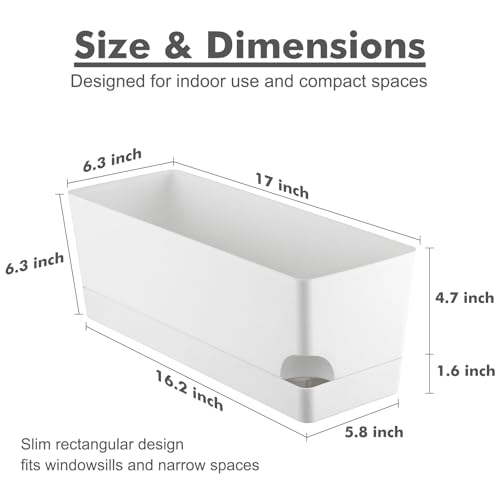 Party Zealot Window Boxes Planters, 3 Pack Self Watering Pots for Indoor Plants 17 Inch Rectangular Planter Rectangle Flower Pots Long Plant Pot Large Window Sill Herb Planter Box, White - color: White