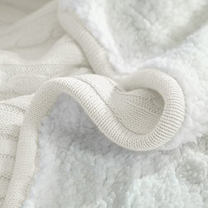 NTBAY Twin Cotton Cable Knit Sherpa Blanket, 60 x 80, White | Cotton Cable Knit Front with Warm Sherpa Reverse, 60 x 80 Inch Twin Blanket for Bed, Sofa, and Cold-Weather Layering - color: White