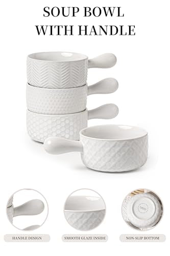 FOBENTA 20oz Ceramic Soup Bowls with Handle, Set of 4,Textured Embossed Stoneware for Chili, Stew, Cereal,Microwave & Dishwasher Safe, Rustic Dinner Bowls for Home Kitchen - size: 20 OZ-Single Handle