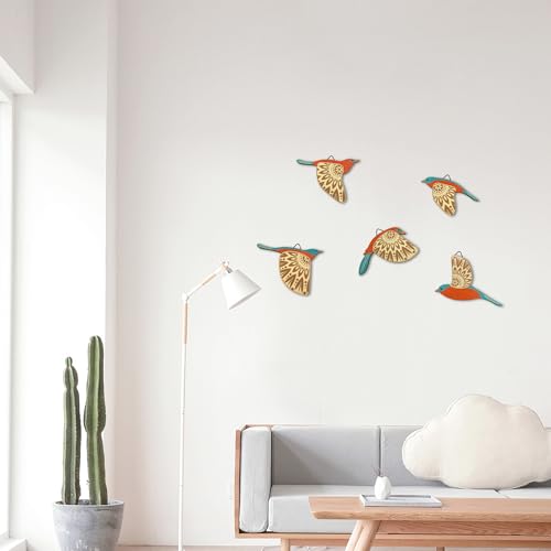 Vumyhuby 5-Piece Teal Wooden Bird Wall Art, Rustic Folk Flying Bird Decor - color: Teal