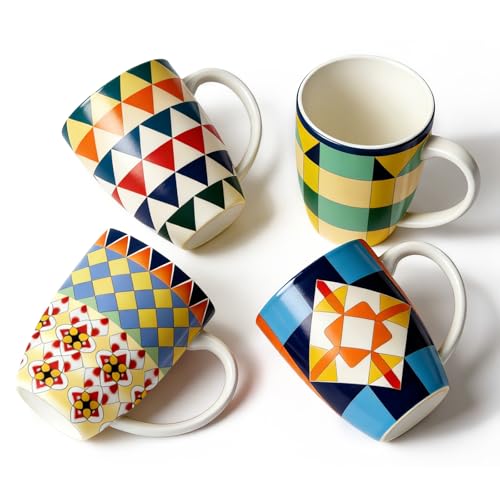 Bohemian Ceramic Coffee Mugs Set of 4, 15oz/450ml Geometric Pattern Tea Cups, Large Porcelain Mugs for Latte Cappuccino, Colorful Boho Drinkware Gift Set