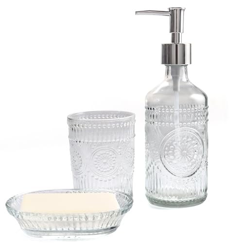 FEILANDUO 3Pcs Glass Bathroom Accessories Set, Lotion & Soap Dispenser, Toothbrush Holder, Soap Dish, Modern Bathroom Countertop Decor for Home, Housewarming Gift (Clear, 3 Pcs Bathroom Set)