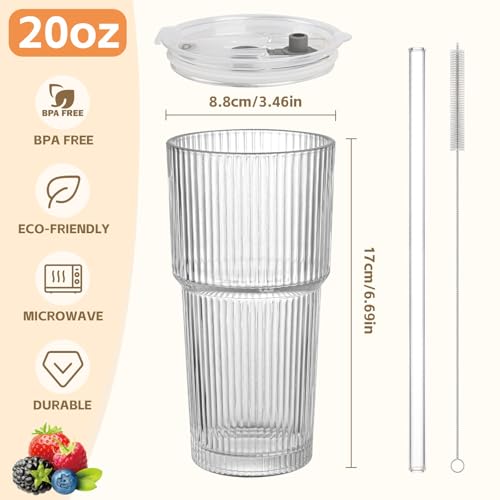 20oz Ribbed Glass Cups with Lids and Straws,2PCS Glass Tumbler with Straw and Lid,Iced Coffee Cups Drinking Glasses for Juice Whiskey Cocktail Beer