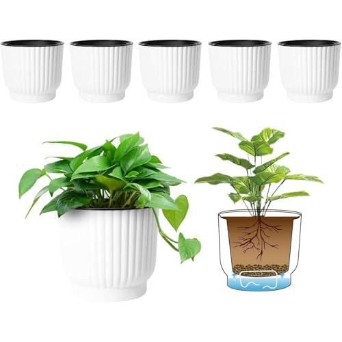 T4U Self Watering Pots for Indoor Plants, 4.5 Inch 6 Pack Planter White | African violet succulent herbs, Small desk windowsill, Bottom feed reservoir, Easy care maintenance - color: White, size: 4.5 Inch
