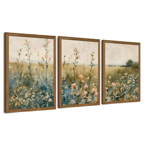 AVECCO 3 Pieces Vintage Wildflower Field Wall Art Framed Canvas 16x24 inch | Uv Resistant Inks, Giclée Print, Wooden Frame, Triptych Nature Watercolor Florals, Ready to Hang, Living Room Bedroom Decor - color: Vintage, size: 24"L x 16"W
