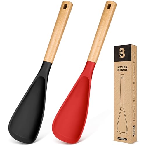 Cooking Spoon for Nonstick Cookwares, Great for Cooking and Serving Sturdy BPA-Free Matte Silicone, Wood Handle Spoon for Mixing, Scoop, and Scrape (Black & Red, 13.4 inch) - color: Black/Red, size: 13.4 inch