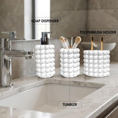 Better Trends Bathroom Accessories Set 3 Pieces Resin Bubble Textured Soap Dispenser, Toothbrush Holder & Tumbler for Vanity, Kitchen Sink & Countertop Organization White Nova Collection - color: White