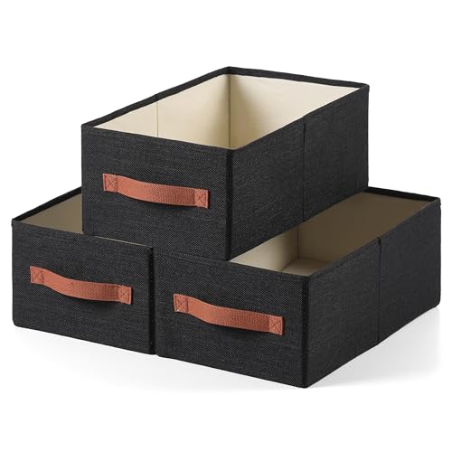 linen closet organizers and storage, 3 Pack Large Storage Baskets, Washable, Clothing Storage Bins with Handle, Closet Organizer for Storage Sweater,Sheets (Black, 16" x9½x6¾) - color: Black, size: 16"x9½"x6¾"