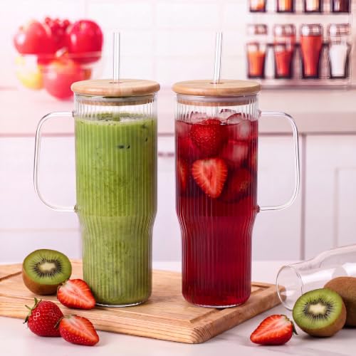 40 oz Glass Tumbler with Handle, Large Glass Tumbler with Straws and Lids, 2 Pack Ribbed Drinking Cups for Iced Coffee, Boba, Smoothies, Juice and Water