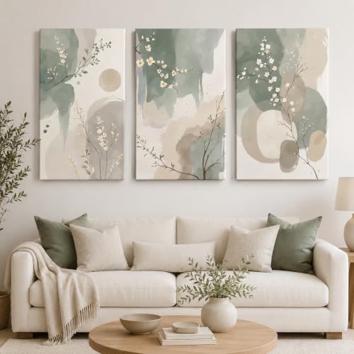 3Pcs Abstract Sage Green Floral Poster Wall Art,Watercolor Plant Picture | Minimalist Wall Decor,Natural Flower Canvas Print Artwork,for Bathroom Living Room Bedroom Home Decoration,12x16in - color: Sage Green, size: 16"L x 12"W