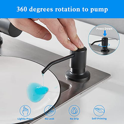 Built in Soap Dispenser for Kitchen Sink, Matte Black Stainless Steel Countertop Pump Head, Dish Soap Hand Lotion Dispenser with Refillable 17OZ Bottle - color: Matte Black